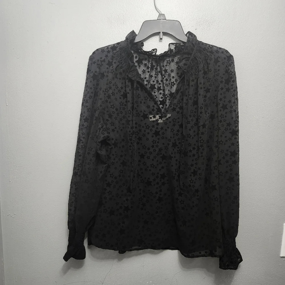 Loft women's blouse top size large black velvet burnout sheer long sleeve